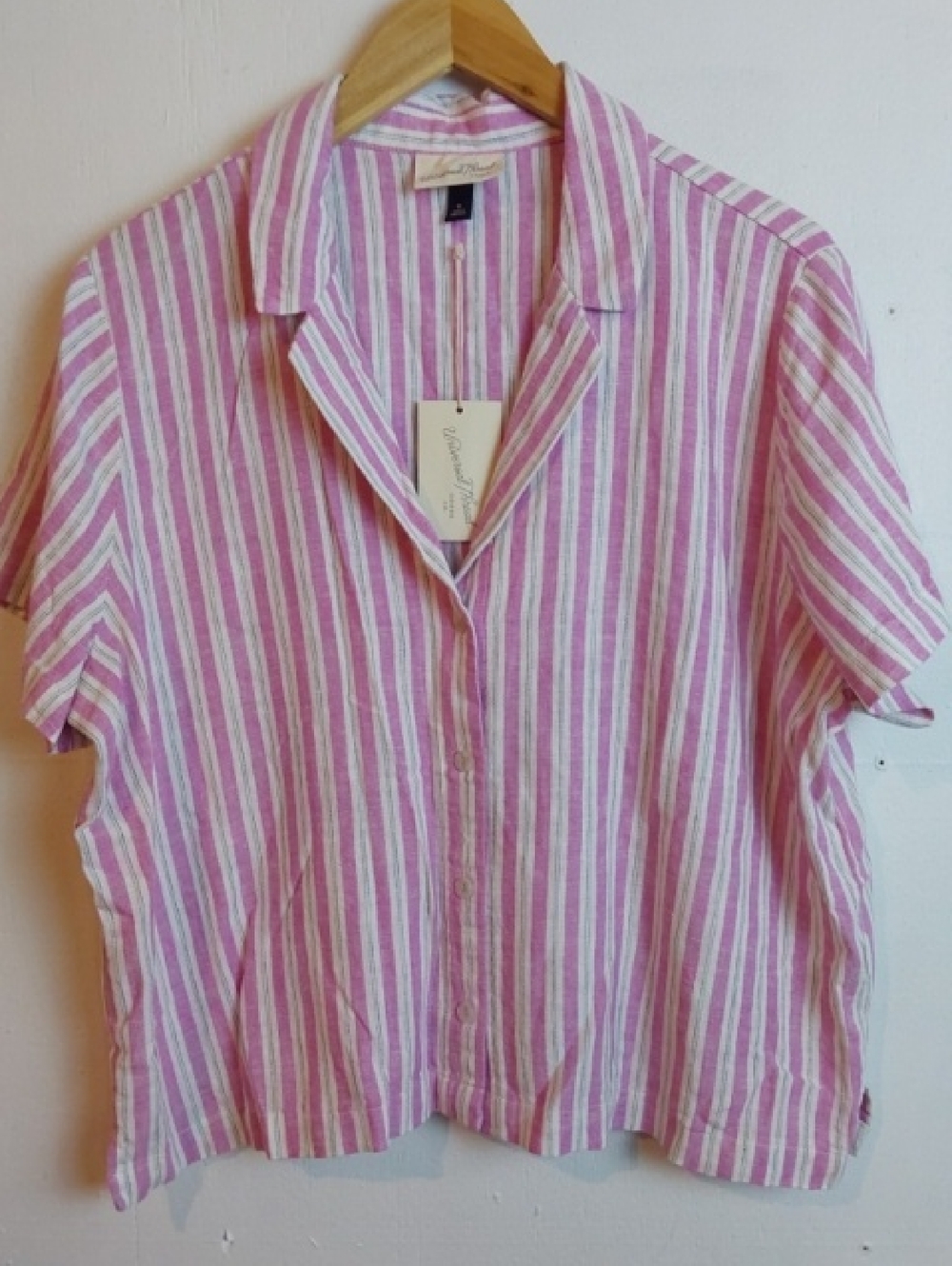Womens Linen Cropped Pink White Striped Top Preppy Button Down Short Sleeve XL